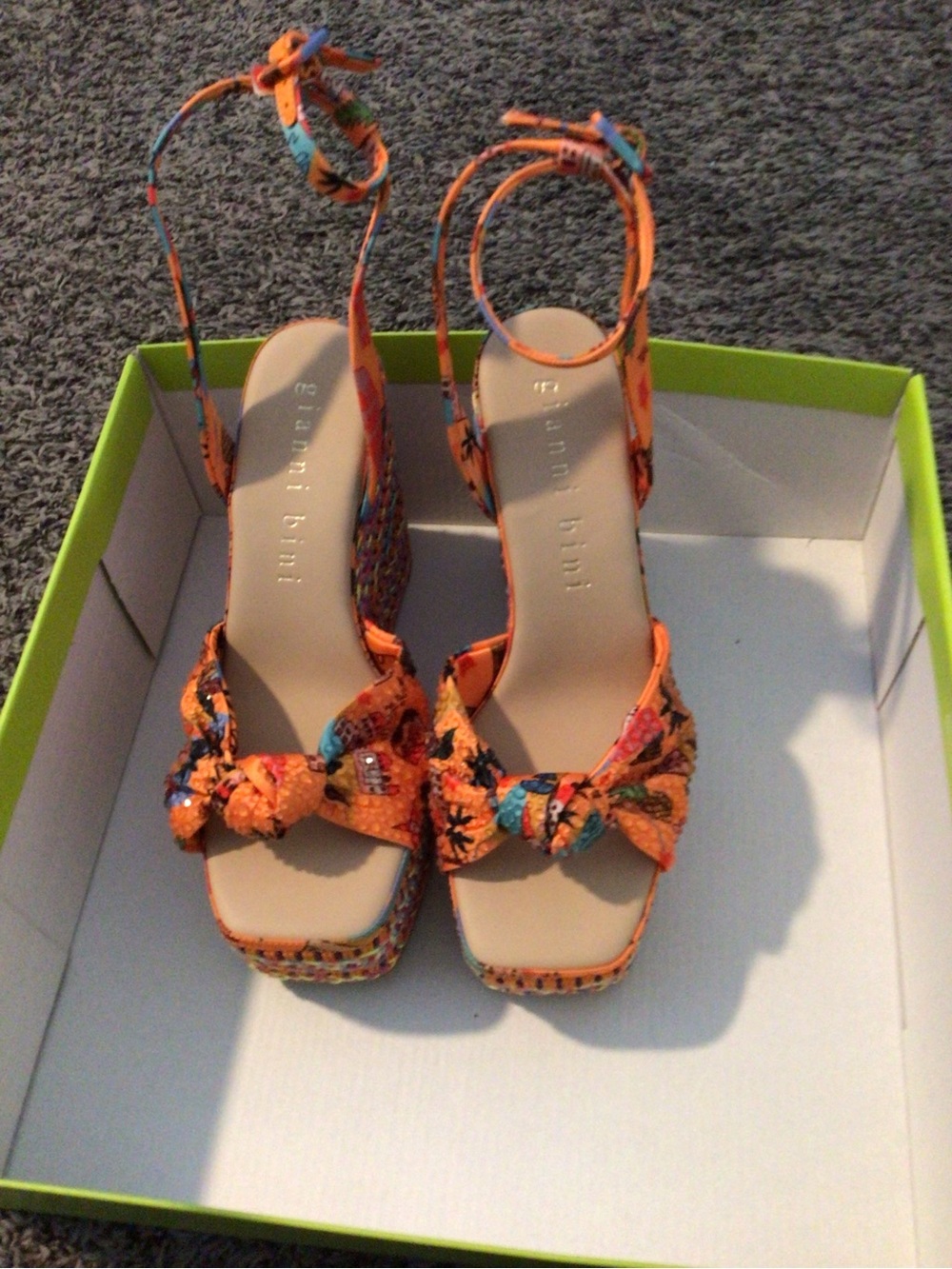 Gianni Bini Orange Multicolor Floral Knot-Ankle Strap Heels
